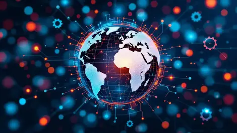 Interconnected gears circuit patterns globe global collaboration ai automation