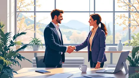 New zealand job seekers shaking hands with employers bright office