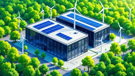 Modern uk data centre surrounded by green trees solar panels wind turbines