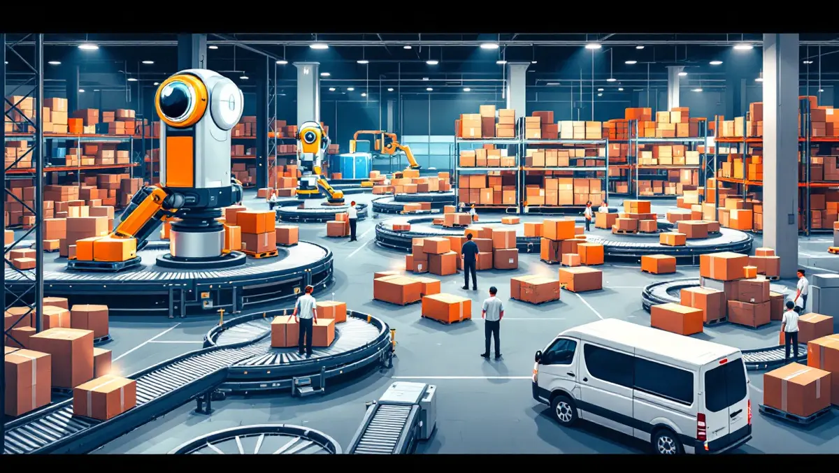 Realistic illustration bustling european warehouse automated robots conveyor belts