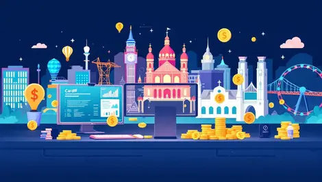 Vibrant digital illustration modern office workspace fintech cardiff landmarks