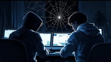 Teenagers in hoodies in dark room with glowing computer screens and digital spider web cyber attacks