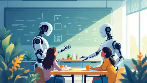 Ai robot human teacher collaborate english classroom calming ethical environment