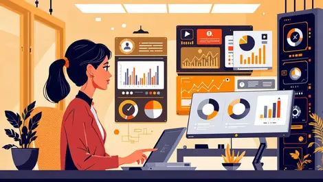 Modern automated data center with digital dashboards and businesswoman analyzing graphs