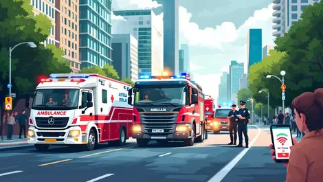Australian emergency vehicles ambulance fire truck police car no signal city street disruption