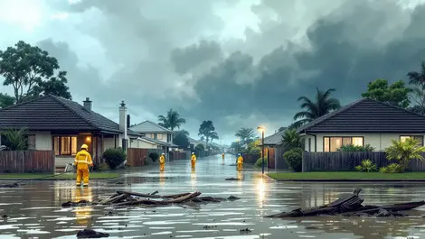 Flooded australian houses emergency personnel assisting residents stormy sky damage