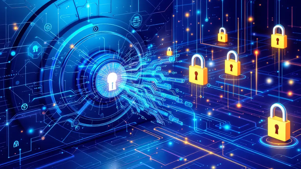 Digital illustration secure data vault breached ai shapes futuristic padlocks quantum encryption cyber threats