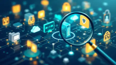 Magnifying glass inspecting digital network interconnected servers vulnerabilities