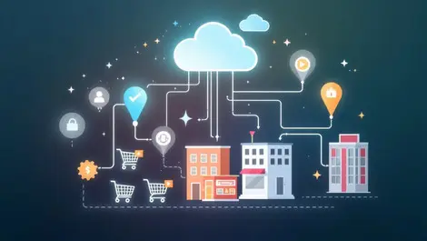 Modern illustration cloud icons connecting shopping carts retail buildings integration order management systems
