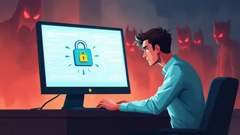 Worried it professional computer digital lock broken shadowy cyber threats