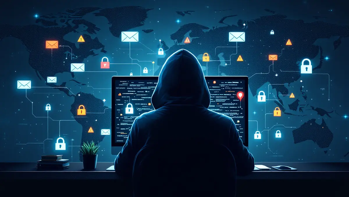 Realistic hooded figure computer email icons digital locks phishing cyber threats