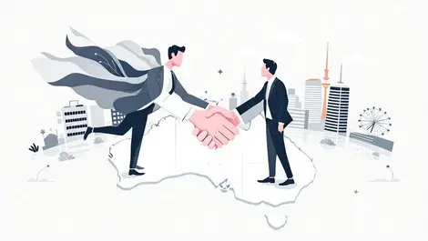 Business partnership handshake over australia new zealand map with city skylines
