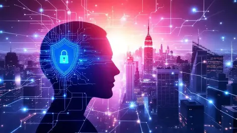 Digital shield human face network data streams nyc cityscape ai enterprise security