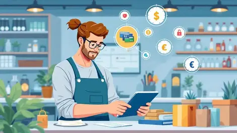 Australian small business owner using digital tablet managing global payments secure transactions modern shop