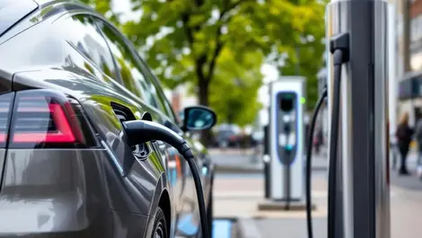 Electric car public charging station uk city street green trees
