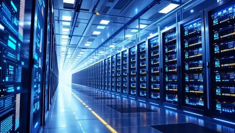 Massive modern data center rows advanced servers powerful gpus cooling systems blue lighting ai