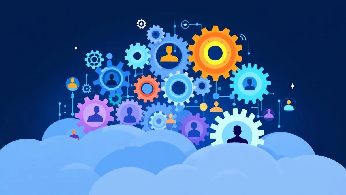 Cloud gears human silhouettes digital connections automated hiring tech