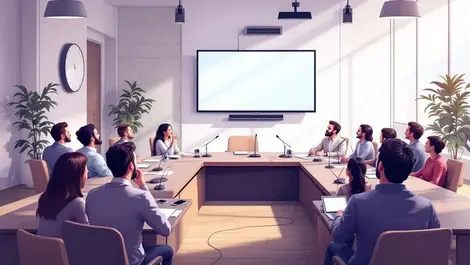 Modern conference room large screen microphones speakers people meeting