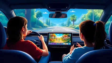 Modern european car interior digital dashboard large touchscreen family interactive game
