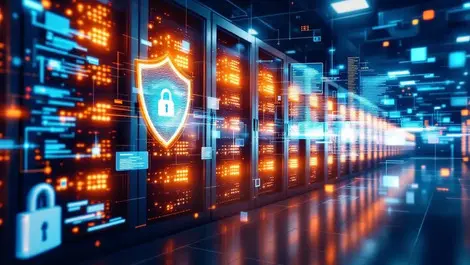 Large secure server room glowing servers security shields data analytics cyber monitoring