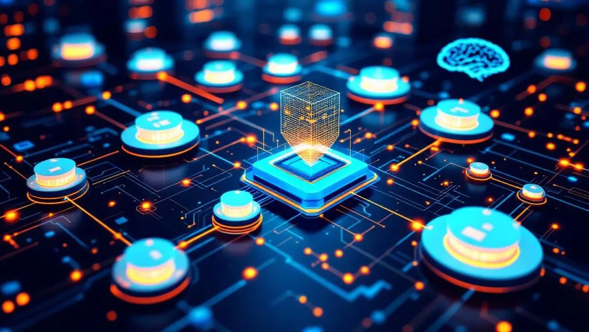 Interconnected data nodes glowing lines high speed processing secure management