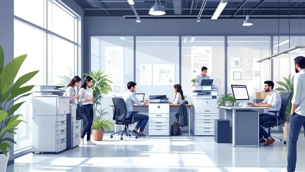 Modern singapore office small business employees using sleek printers