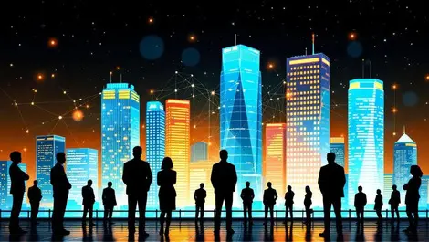 Australian city skyscrapers business professionals digital network ai demand