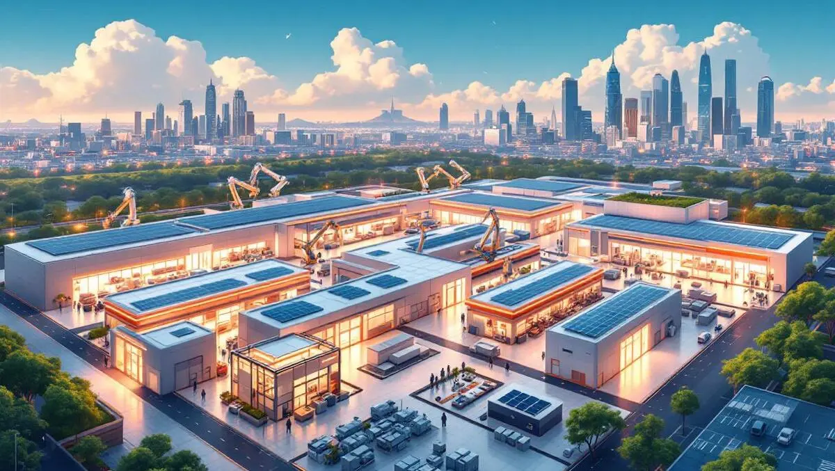 Modern high tech asia manufacturing facility robotic arms cleanrooms solar panels futuristic city