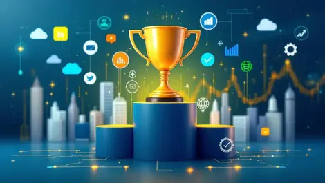 Digital technology monitoring trophy pedestal network icons graphs