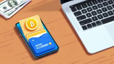 Digital wallet smartphone gold coin laptop us dollar bills fast transactions