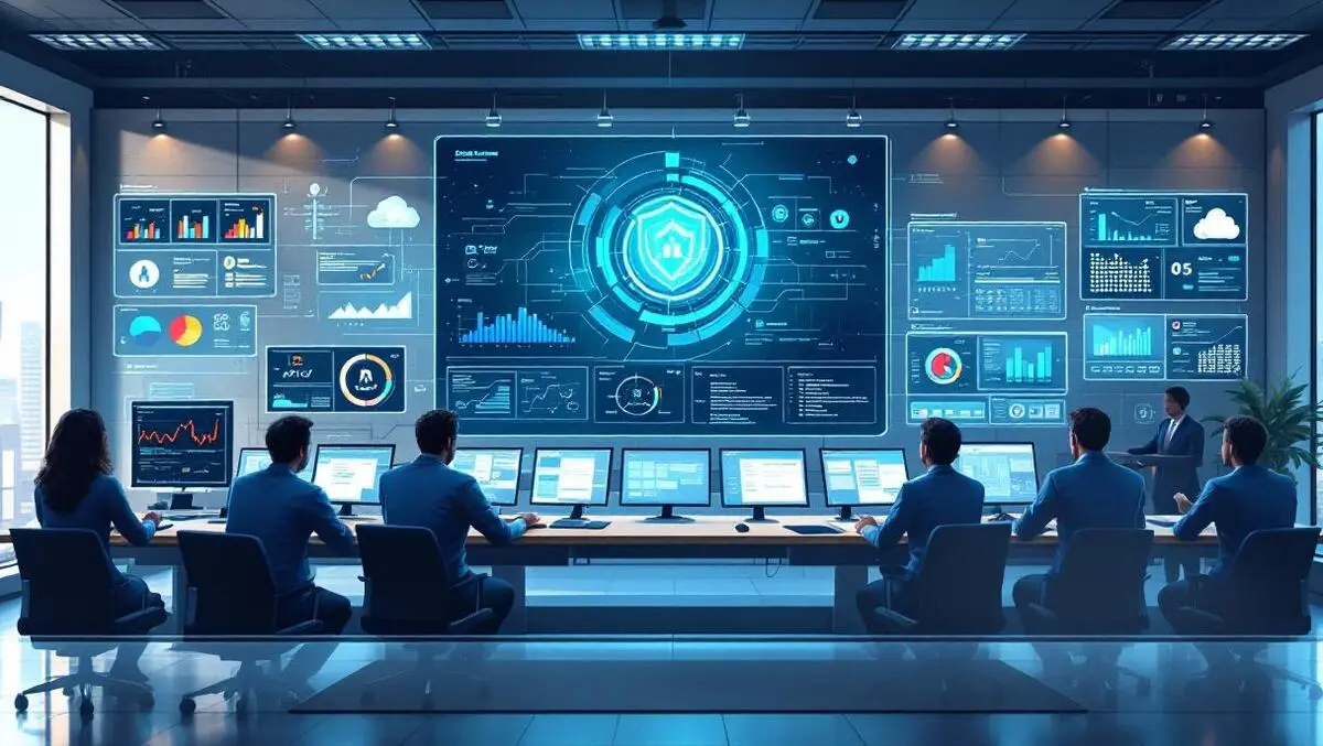 Modern security operations center analysts monitoring digital dashboards advanced technology cloud integration usa