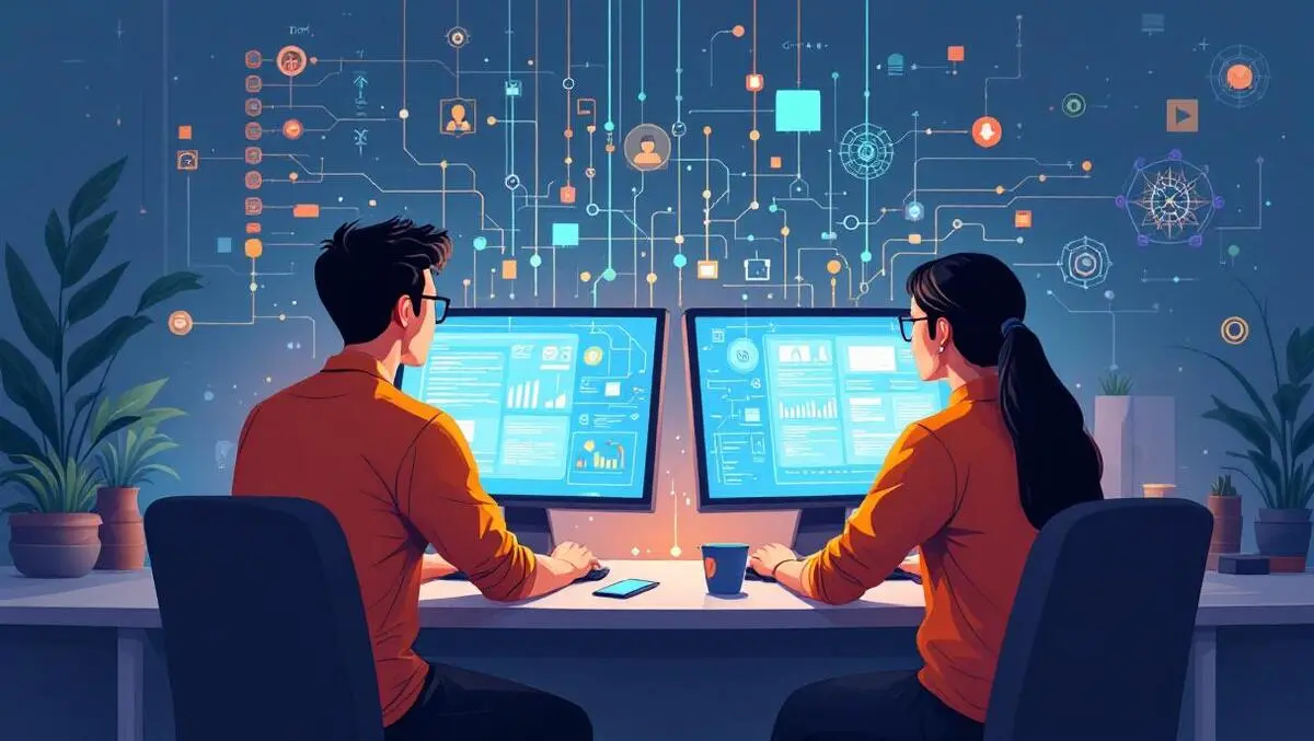 Southeast asian indian software developers collaborating ai technology modern office