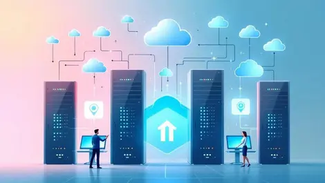 Interconnected servers cloud symbols people shaking hands collaboration cloud computing