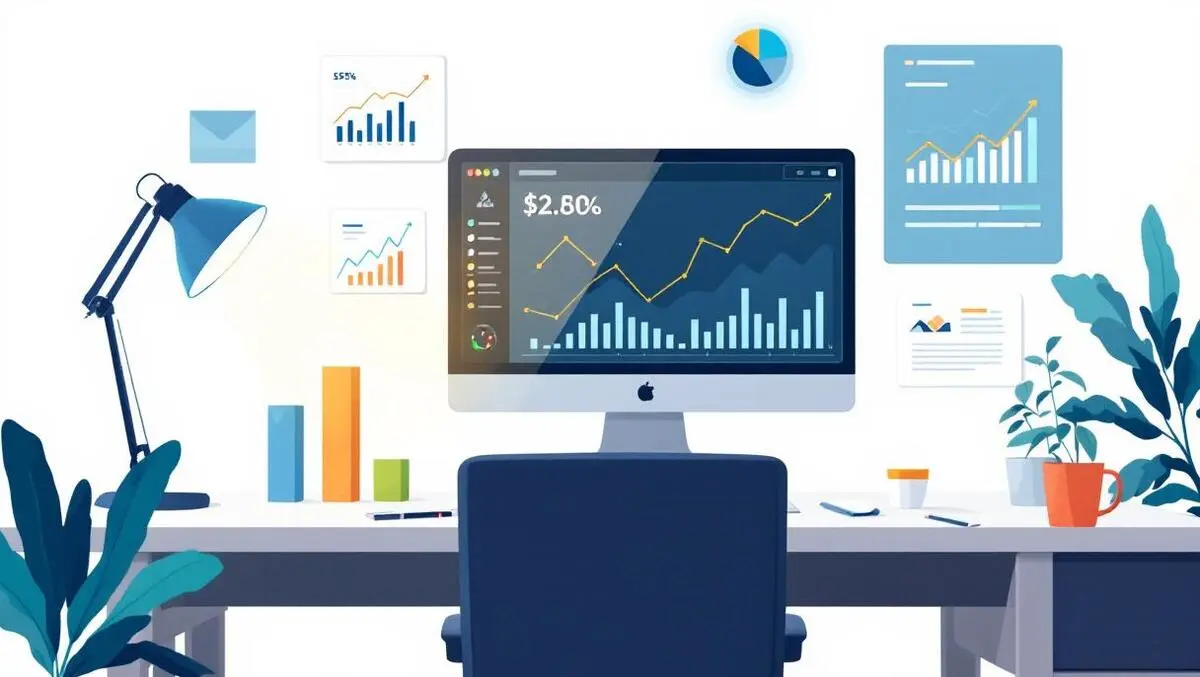 Professional workspace graphs financial docs digital analytics growth efficiency small business