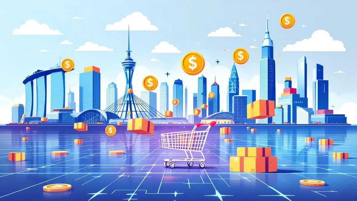 Singapore skyline digital shopping carts money symbols global online sales