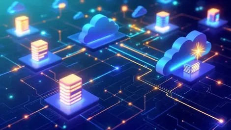 Interconnected data centers cloud icons glowing network lines ai integration