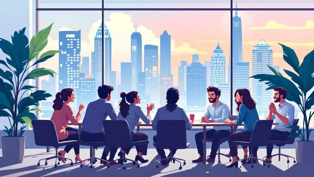 Modern singapore office collaborative meeting happy employees skyline