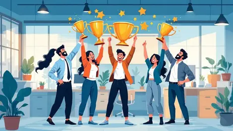 Joyful office team celebrating holding three golden trophies modern workspace