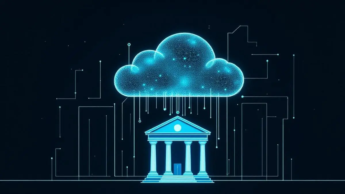 Digital cloud over modern bank building abstract lines technology transformation