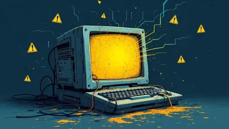 Old computer frayed wires dust warning symbols digital data leak cyber fraud risks obsolete tech