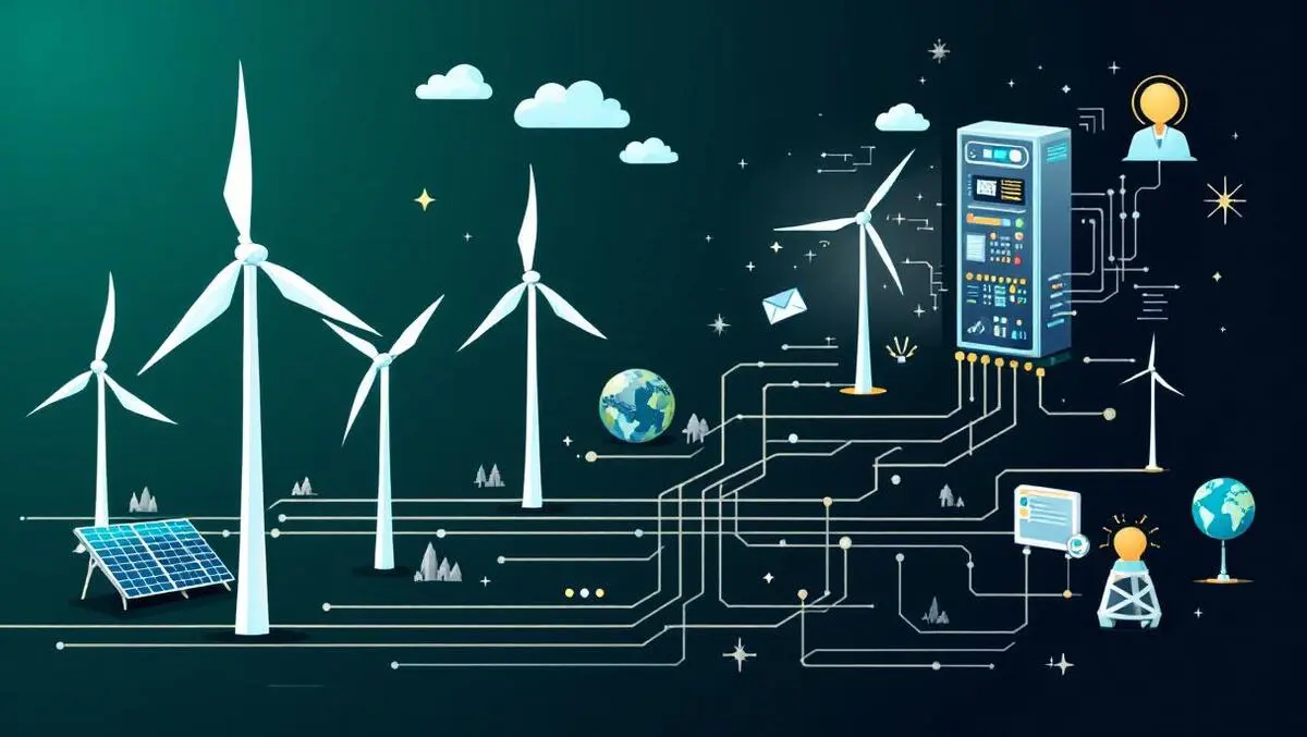 Digital control center with wind turbines and solar panels clean energy