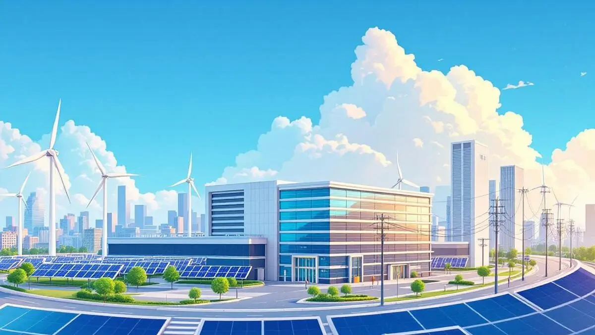 Modern data center urban asia solar panels wind turbines power lines