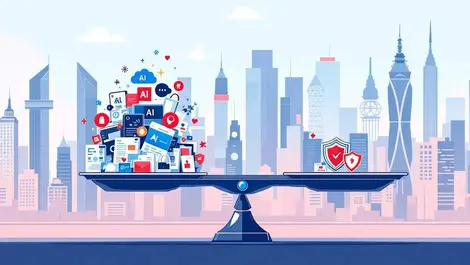 Balance scale ai icons clouds versus documents security asiancity skyline