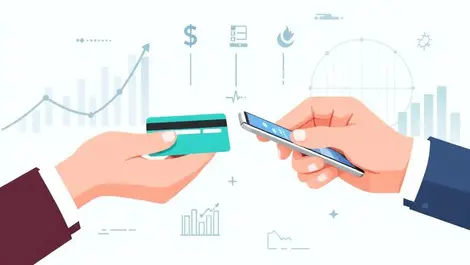 Hands exchanging credit card smartphone digital graphs fintech banking systems