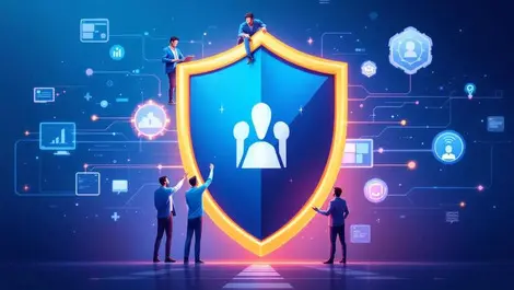 Professionals collaborating around shield symbol protecting digital threats