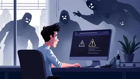 Worried businessperson cybersecurity threat shadowy cybercriminals office