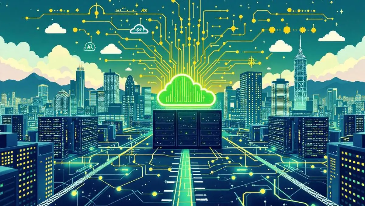 Modern data centers interconnected servers cloud ai circuits japanese cityscape