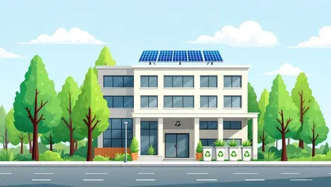 Modern office building green trees solar panels recycling bins sustainability