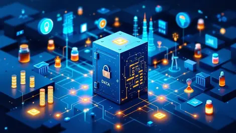 Realistic secure data vault with glowing interconnected data streams and industry icons for ai integration