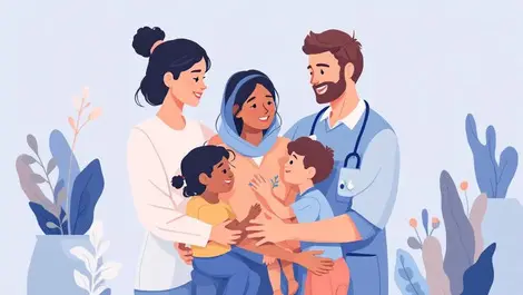 Caring healthcare worker supporting refugee family multicultural australia